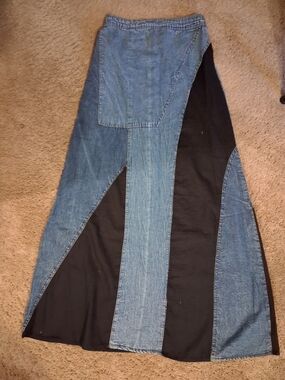 Young Threads Denim Patchwork Maxi Skirt with Black Panels